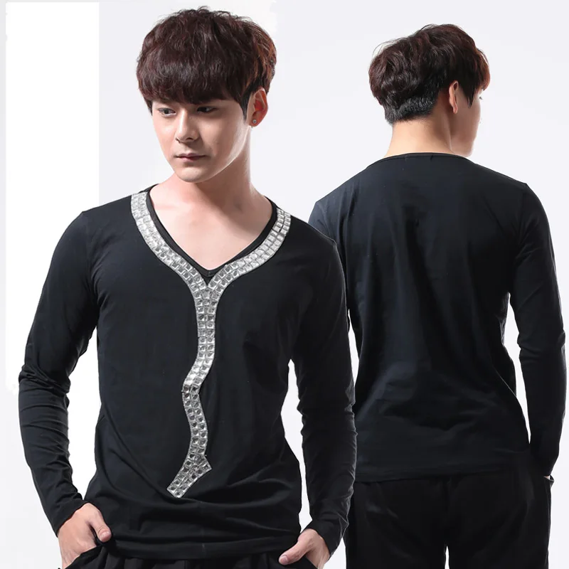 Мужская Облегающая рубашка в стиле панк с v-образным вырезом длинными рукавами