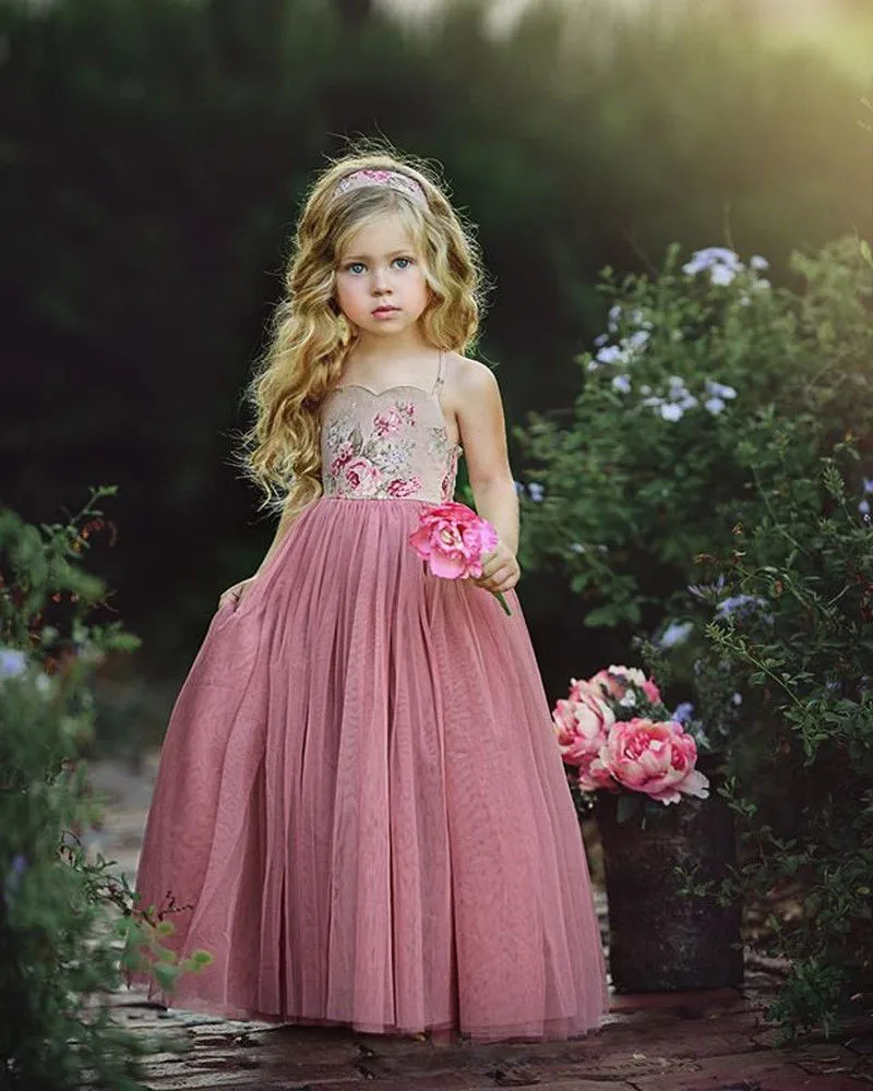 Princess Children Girls Lace Floral Dress Sleeveless Halter Style Grace Little Ladies Party Gown Formal Sundress | Детская одежда и