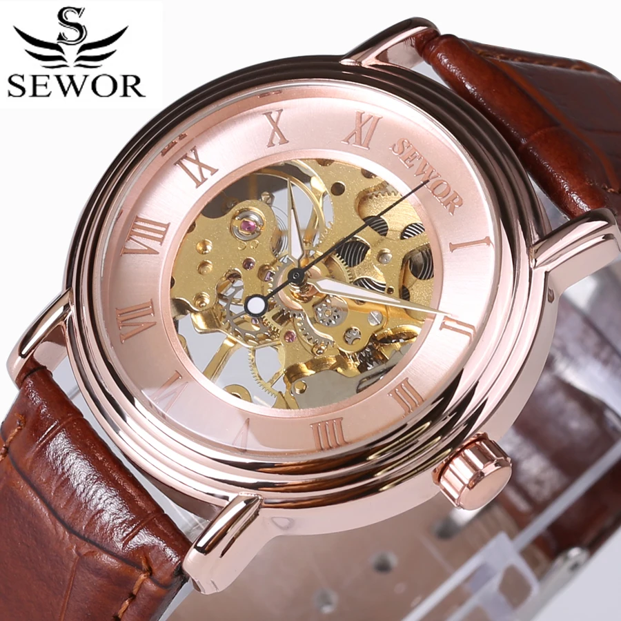 

SEWOR Luxury Brand Classic Hollow Mechanical Men's Watches Rose Gold Leather Fashion Sports Skeleton Watch Reloj Hombre 2017 New