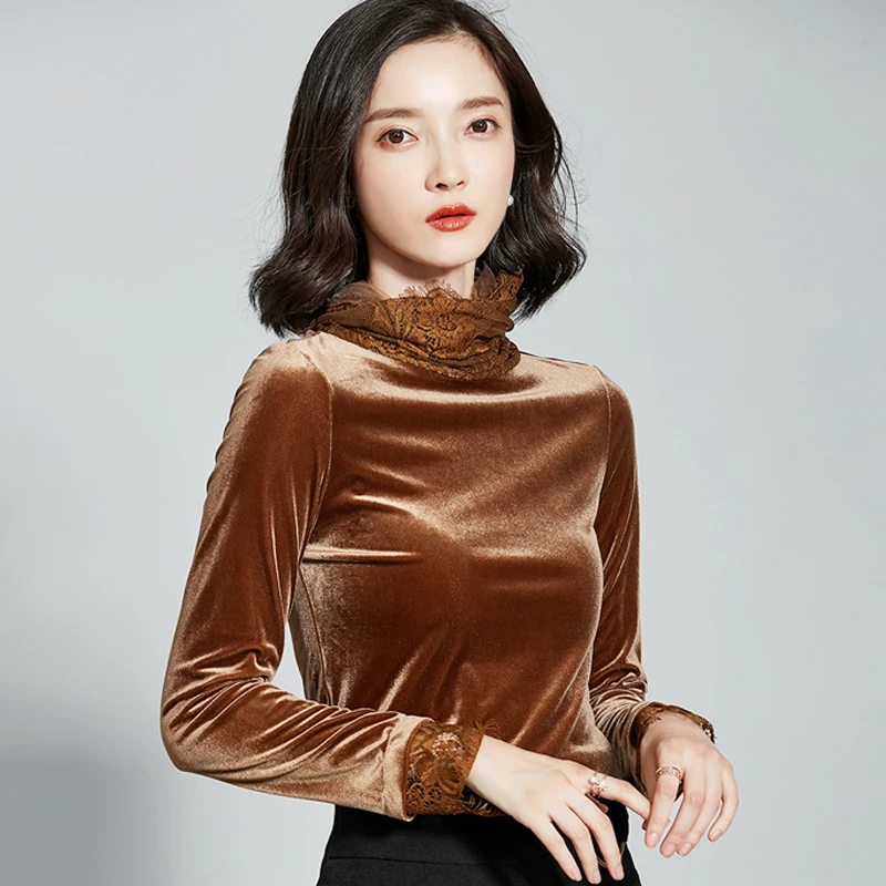 

Winter Fall Casual Women Turtleneck Lace Patchwork Green Long Sleeve Velour Tee Shirts , Woman Fleece Warm Thick Velvet Shirt