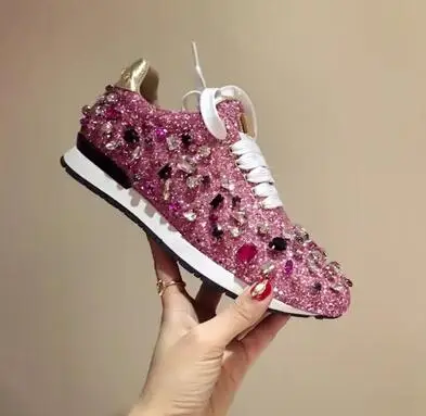 Stylesowner роскошные стразы кроссовки на шнуровке bling разноцветные туфли на плоской подошве с кристаллами и блестками Удобная женская повседневная обувь Новинка - Цвет: Розовый