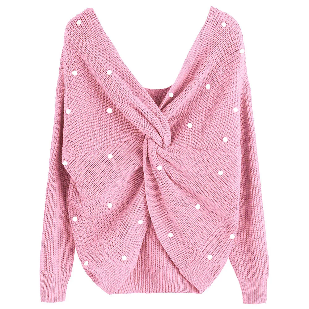 

European style casual pullover solid long sleeve knit female sweater fashion beading criss-cross v-neck woman sweater