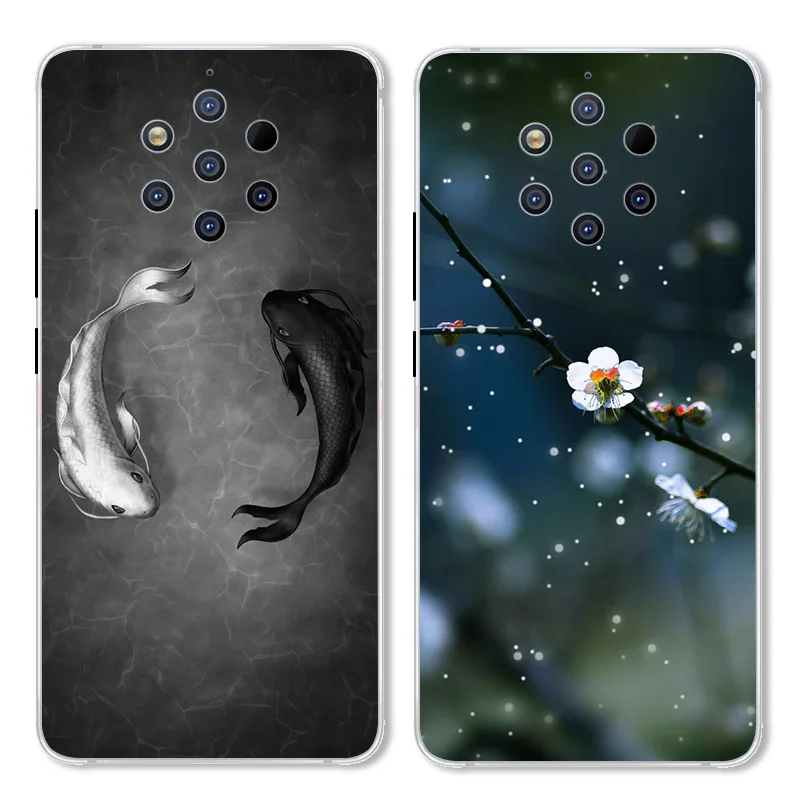 Мультяшная кошка и рыба чехол для Nokia 9 PureView TPU окрашенный мобильный телефон
