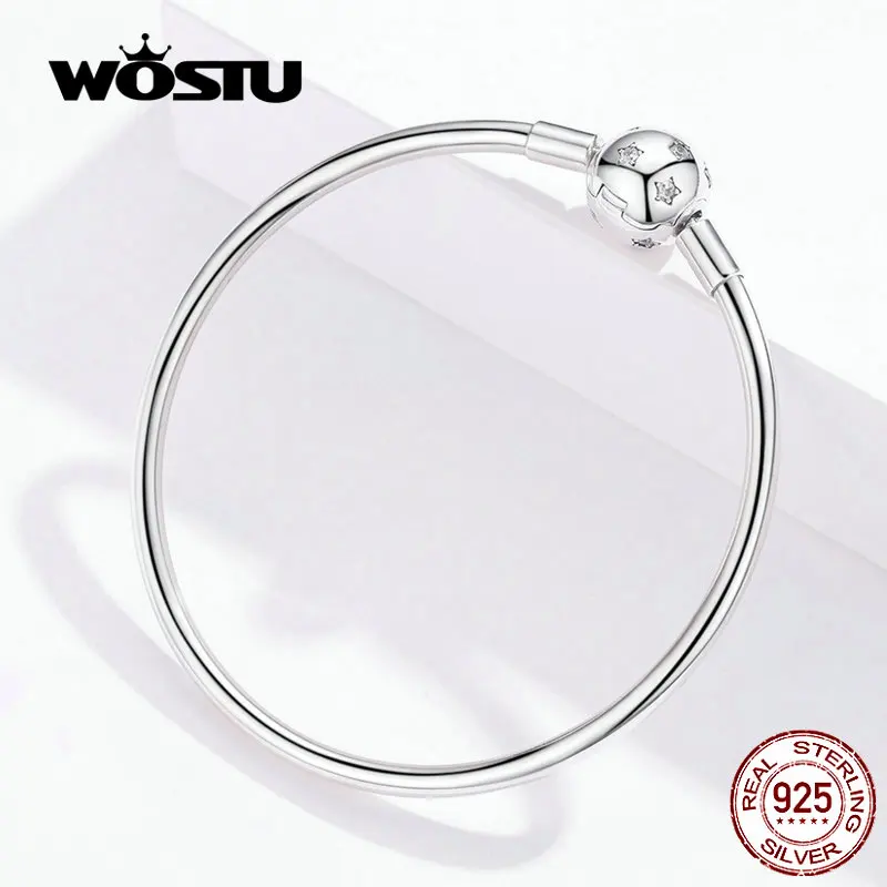 WOSTU сверкающие браслеты со звездами 925 пробы, серебряные циркониевые круглые очаровательные браслеты, браслет для женщин, серебряные 925 ювелирные изделия FIB144