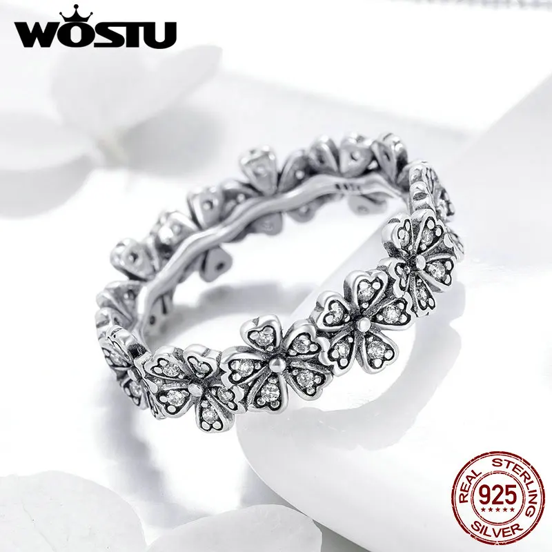 Женское кольцо с ромашками WOSTU сверкающее штабелируемое из серебра 925 пробы