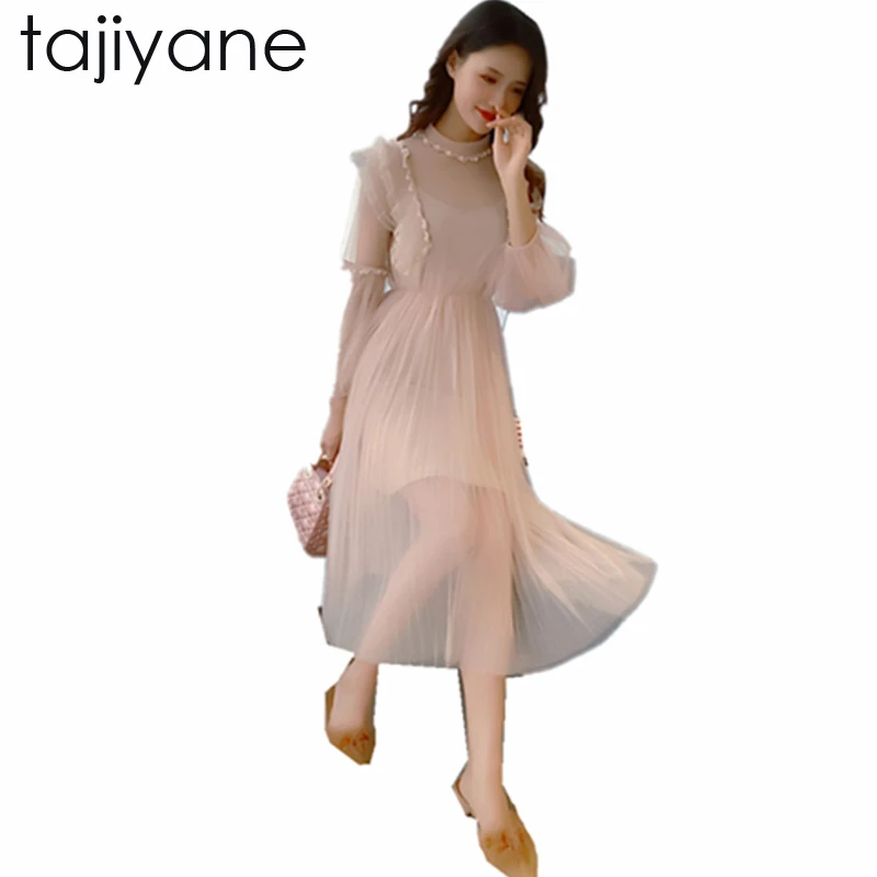 

TAJIYANE 2018 Vintage Vintunic Lace Dress Female Robe Casual Rockabilly Long Sleeve Dress O-Neck Swing Spring Dresses New LD199
