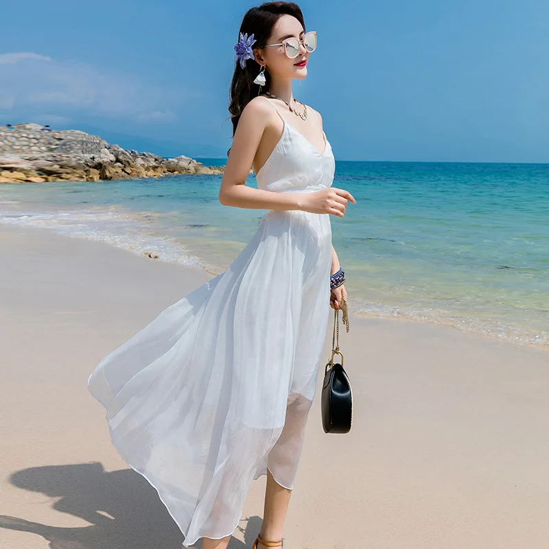 Летнее платье женское длинное белое Бохо шелковое с открытой спиной Vestidos