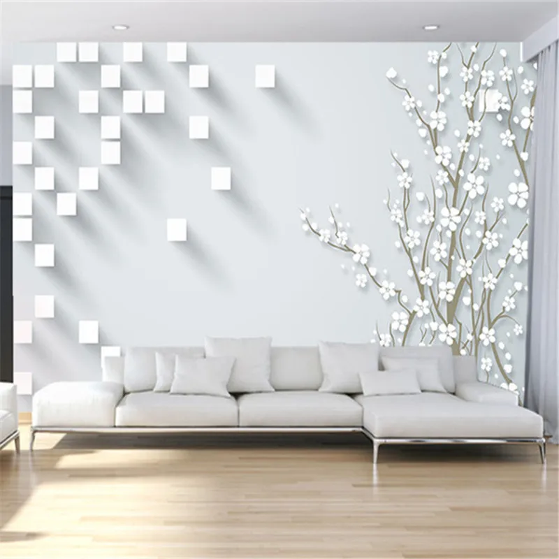 

Modern Wallpapers Stereoscopic 3D Mural Plum Flower Photo Walls Papers White Block Background Mural for Living Room Home Decor