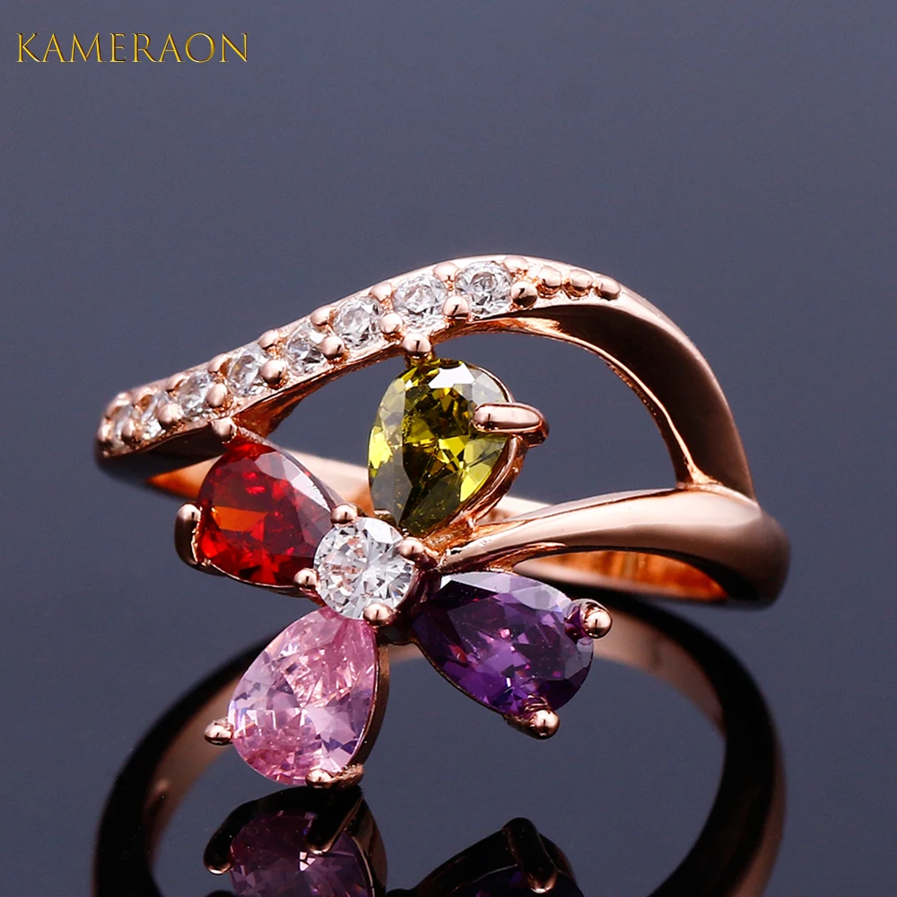 

KAMERAON Unique Screw Thread Ring For Women Four-leaf Clover Fashion Colored Cubic Zircon Jewelry Mood Ring 2019 NeW Romantic