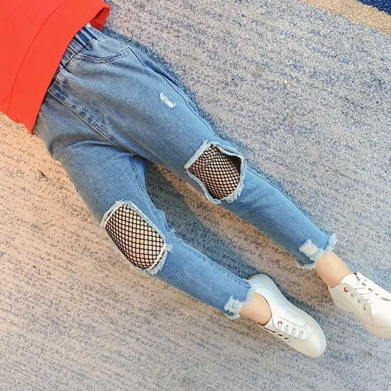 Модные джинсы для девочек детские с сетчатыми дырками 2019 г. Новые весенние От 5 до