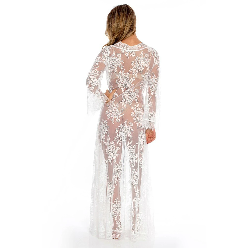 Bsubseach White Embroidery Lace Kimono Cardigan Long Sleeve Bathing Suit Cover Up Playa De La Mujer Elegant Robe Feminino |