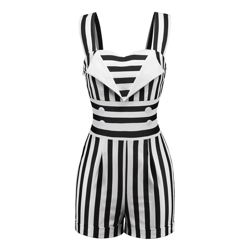 striped romper Полосатый винтажный комбинезон, элегантный короткий комбинезон, цельный женский ретро повседневный комбинезон, летний женский сексуальный черный белый комбинезон - Цвет: striped romper