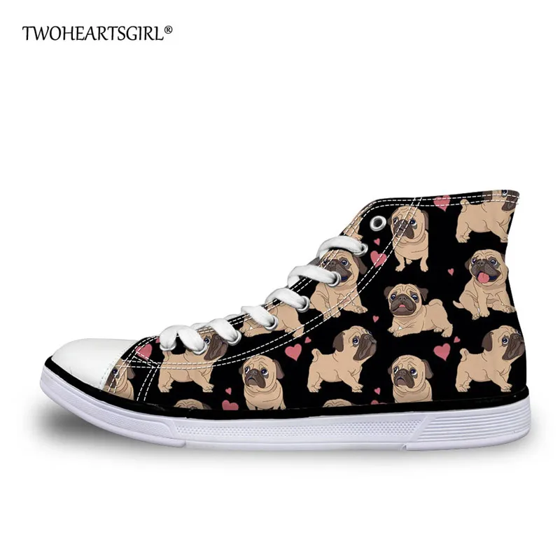 Twoheartsgirl Hippies Pug Women Lace up Canvas Shoes High-top Comfortable Vulcanized Students High Quality Sneakers | Обувь