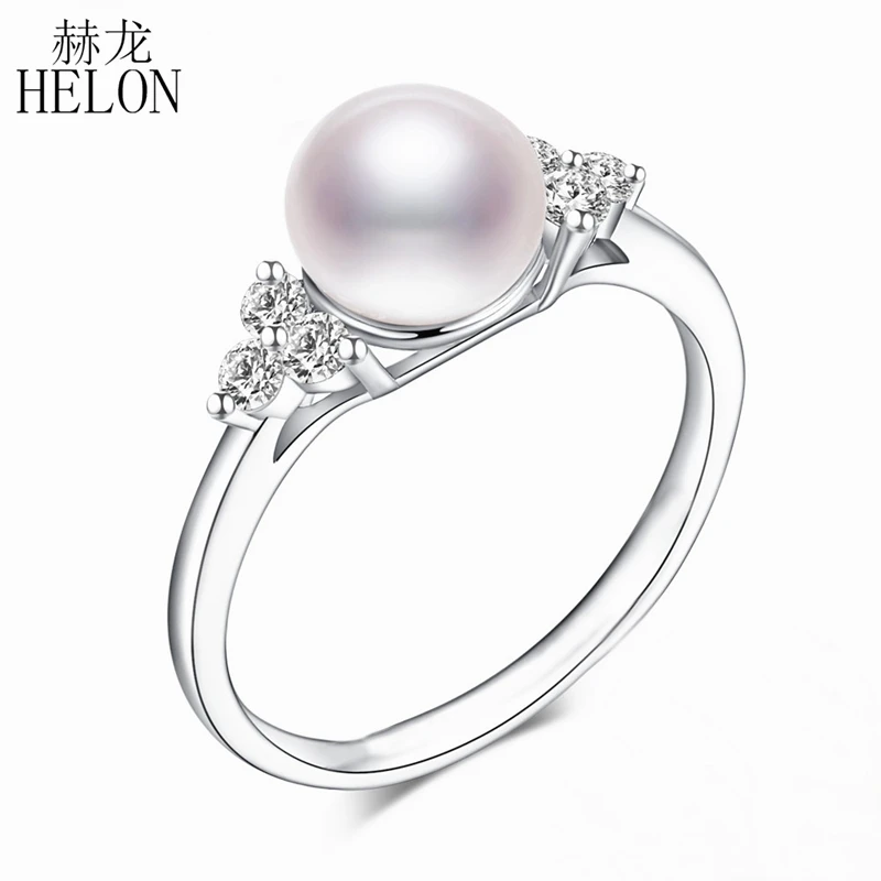 HELON Solid 14 К(AU585) белое золото сертифицированы круглый из натуральной пресноводный жемчуг Алмазы обручальные кольцо для женщин классический ювелирн