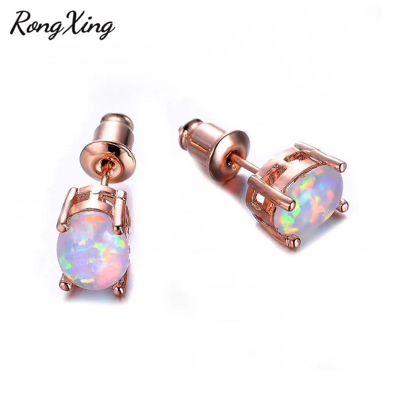 RongXing маленькие овальные белые огненные серьги заполненные розовым золотом для
