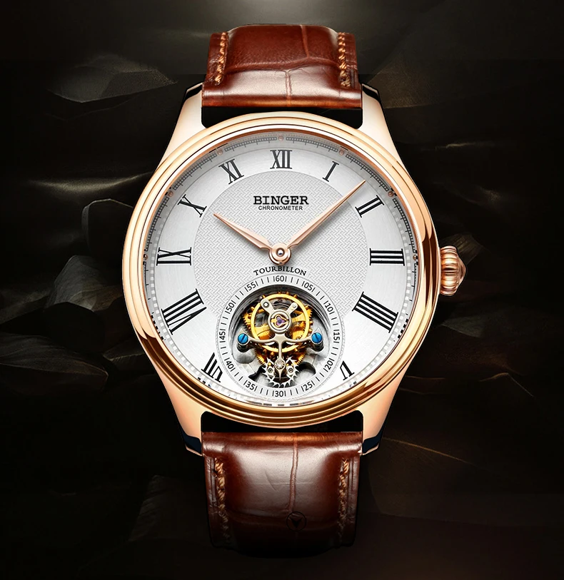 Подлинные роскошные Бингер бренд TOURBILLON крокодиловый кожаный ремешок для мужчин высокого класса Сапфир Водонепроницаемый ручной Ветер Механические Мужские часы