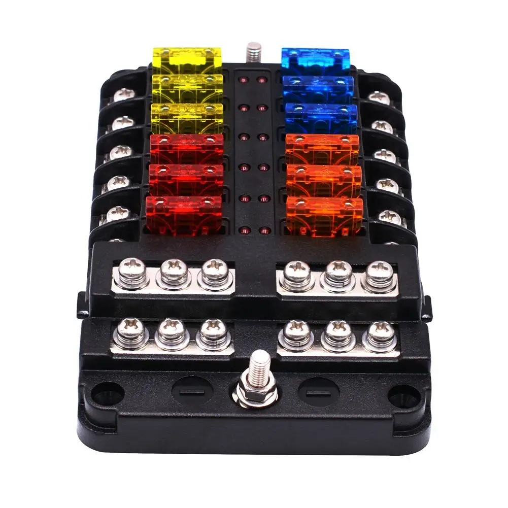 

12 Ways Fuse Box with LED Indicator for Car Boat Bus Yacht Fuses with Independent Positive and Negative