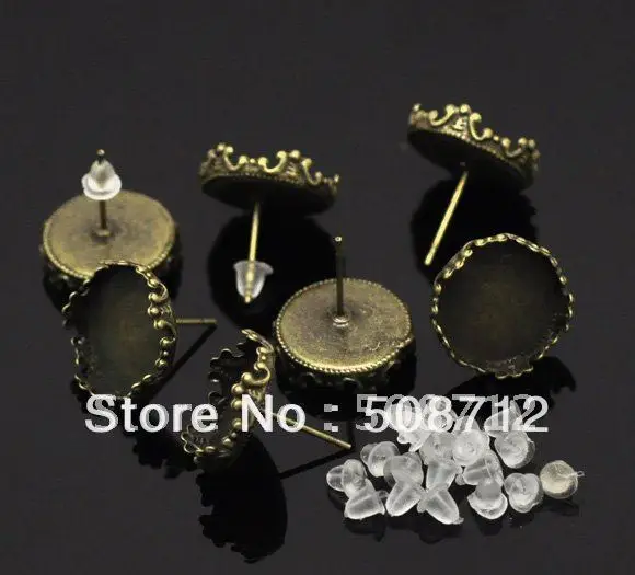 Free shipping!!! wholesale 500pcs/lot Bronze Tone Earring Post W/Stoppers 15x13mm(Fit 12mm), Earrings Base, Earring Blank