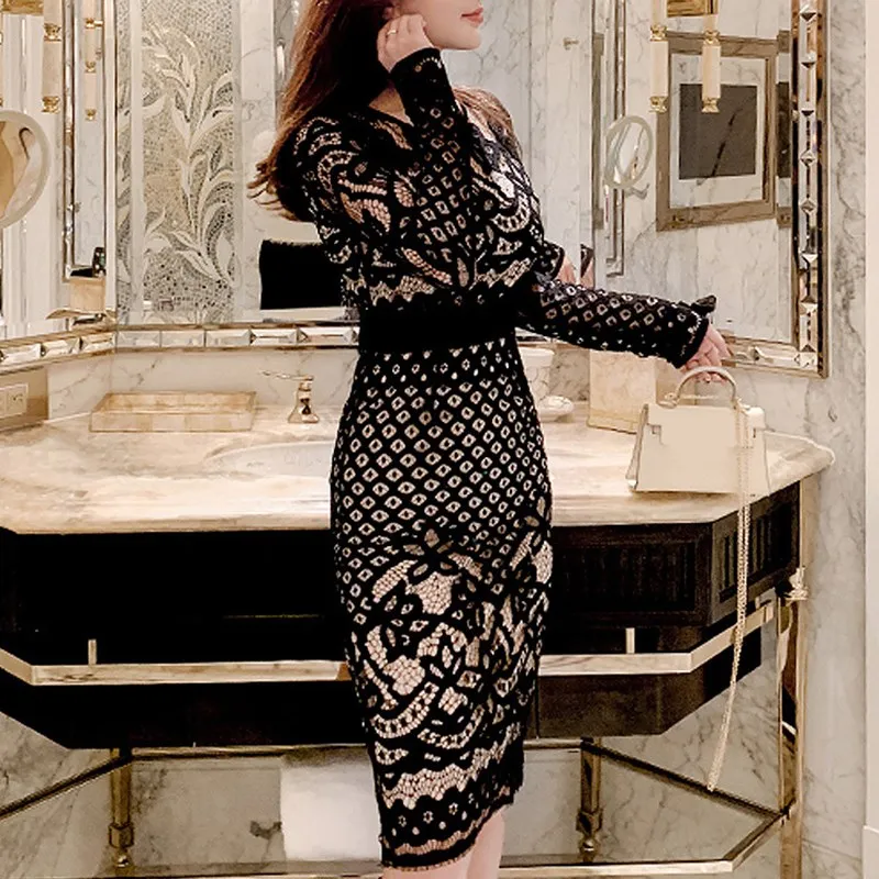 Женское облегающее платье с длинным рукавом элегантное кружевное цветочным
