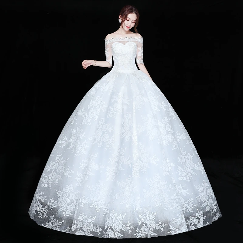 

Korean Styles Wedding Dress 2020 Plus Size Wedding New Fashion vestido de noiva Floor-Length Illusion Boat Neck robe de mariee