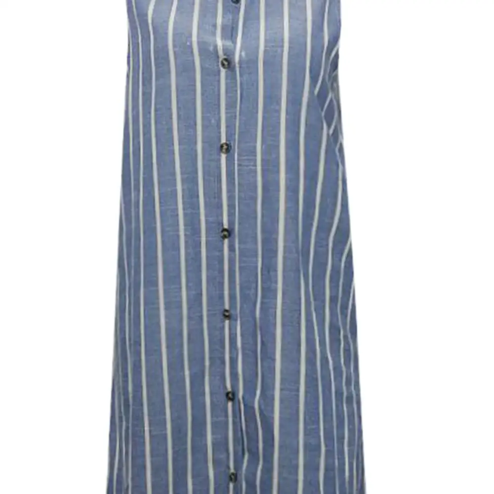 2019 Fashion Women's Summer Cotton Linen Mid-Calf A-Line Dress New Casual Stripe Sleeveless Turn-Down Collar Breasted A50 | Женская
