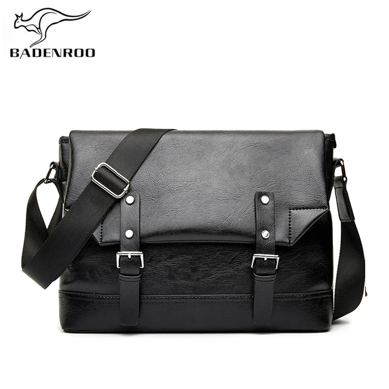 

Badenroo Brands Male Messenger Bag Vintage Crossbody Bags Black Leather Men Satchel Bag With Double Belt Vintage Men's Handbags