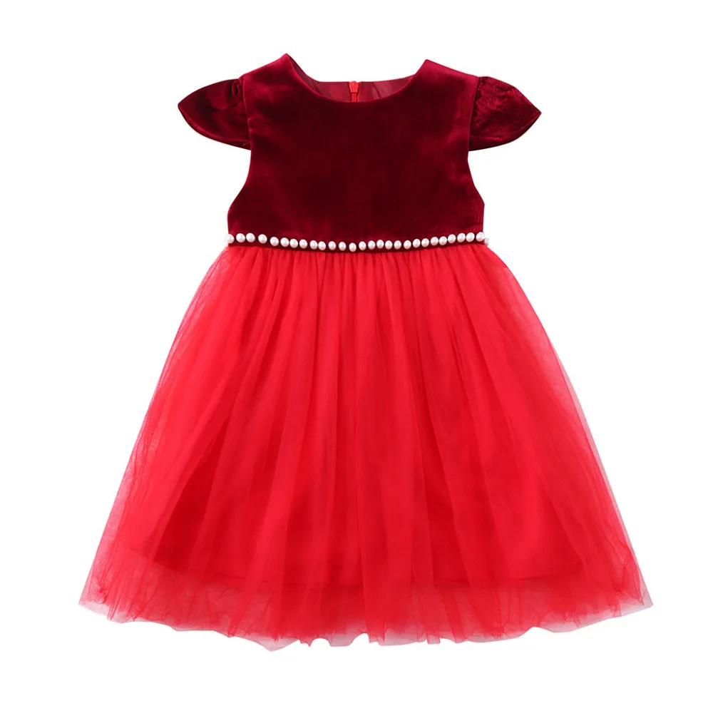 Toddler Baby Girls Kids Fly Sleeve Solid Pearl Party girls dresses summer 2017 kids Princess Wedding Dress JAN25 | Детская одежда и