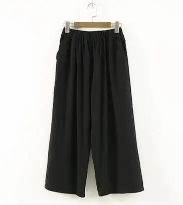 Черный Johnature, новинка, хлопковые, льняные, мягкие, широкие, женские штаны, эластичная талия, длина по щиколотку, одноцветные, летние, свободные брюки - Цвет: Черный