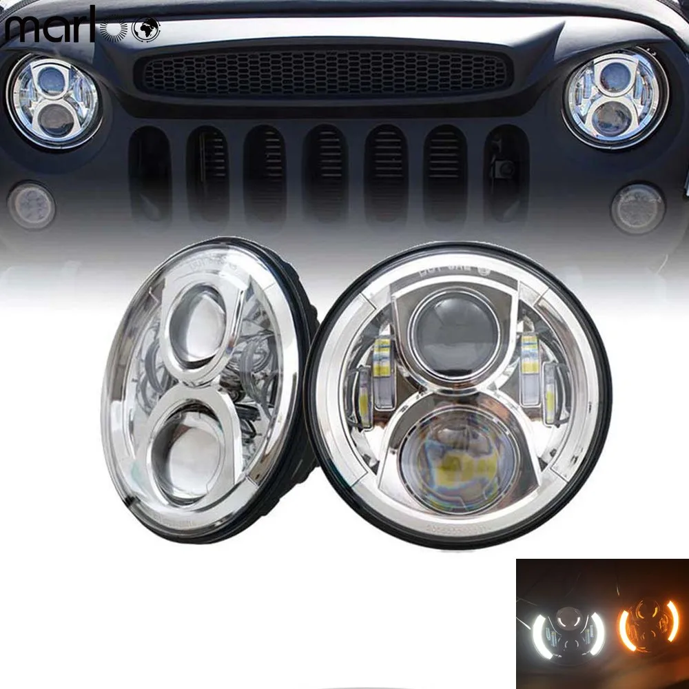 

2pc 120W 7" Led Headlight Left Right Amber Turn Signal White Halo Angle Eyes Style Headlamp For Jeep Wrangler JK TJ Land Rover