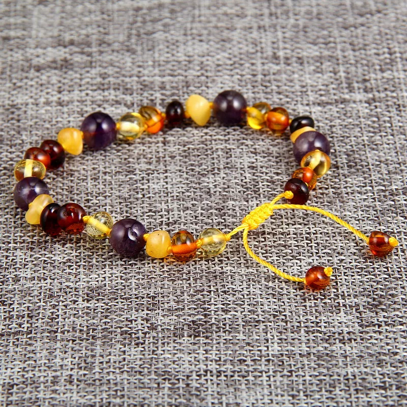 Браслет HAOHUPO из разноцветной янтарной ткани с натуральным аметистом плетеный