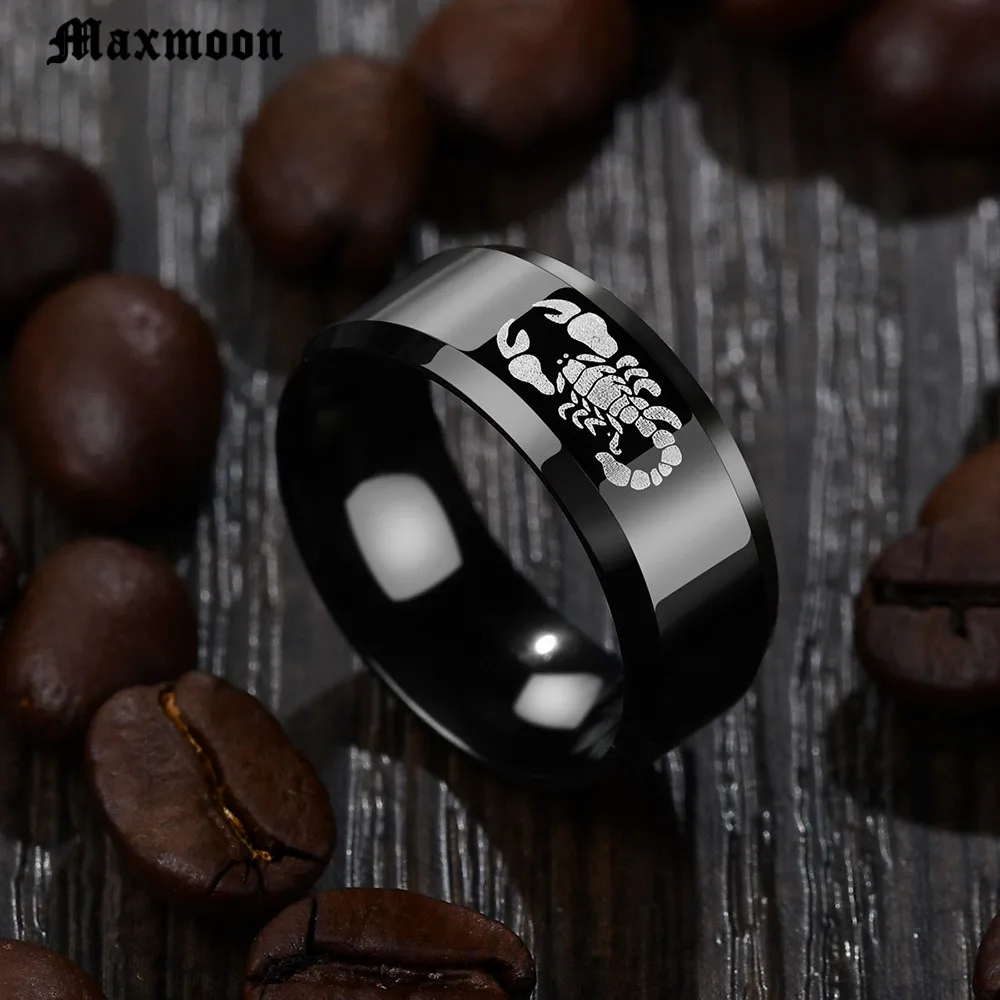 Maxmoon Punk Vintage Black Scorpion Pattern Mens Ring Color Round Stainless Steel Titanium Rings for Men Jewelry | Украшения и