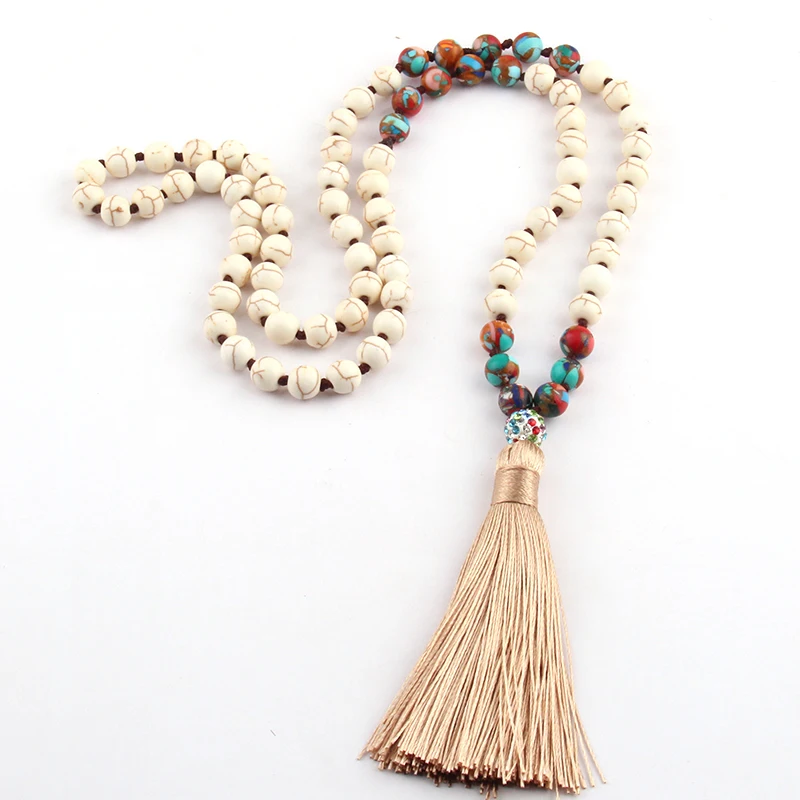 Free Shipping Fashion Long Knotted White Stones Bohemian Tribal Jewelry Green Natural Stone Pendant Necklace | Украшения и