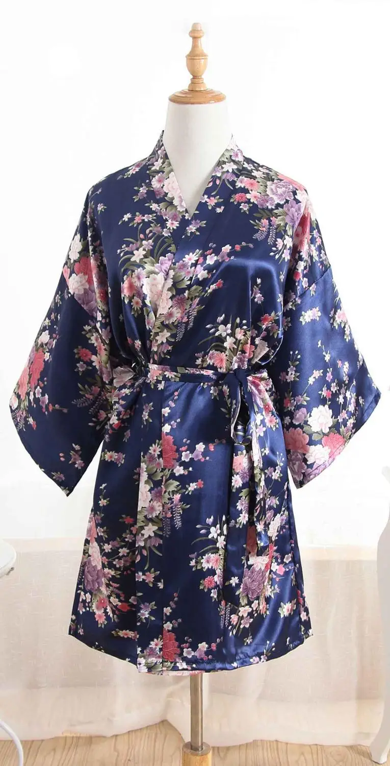 dark blue BZEL Сакура кимоно халат Свадебный халат атласные сексуальные женские халаты невесты Халаты подружек невесты с поясом Короткие халаты с цветочным принтом пижамы - Цвет: dark blue