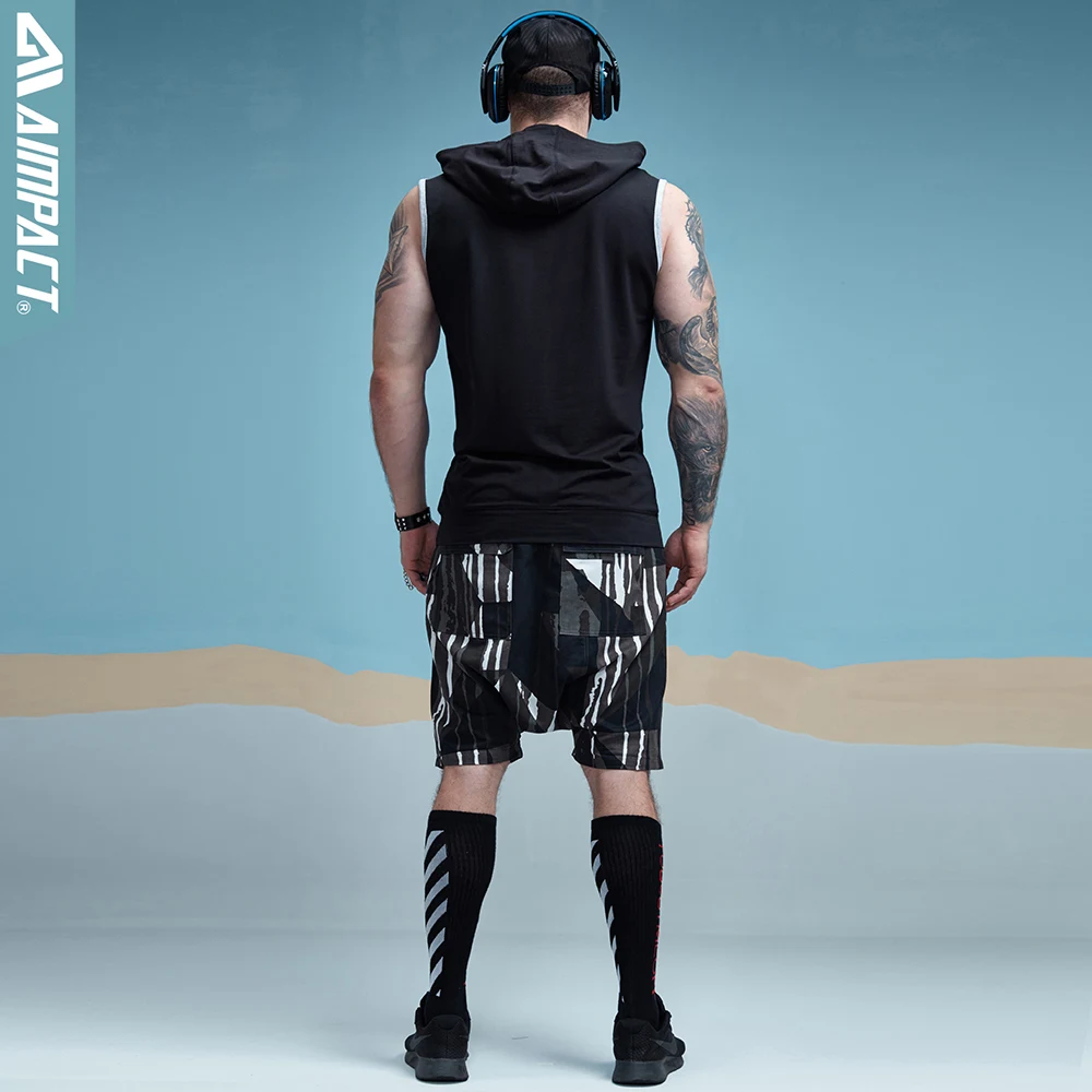 Aimpact Бодибилдинг худи без рукавов контрастный карман установлены хлопка мужские