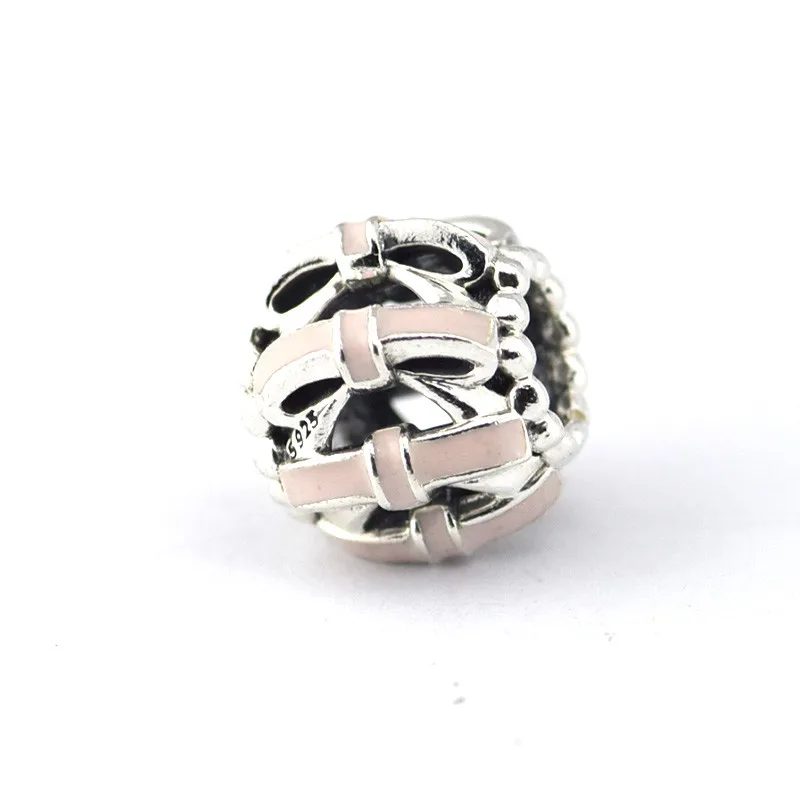 Очаровательные бусины из стерлингового серебра 925 пробы Полые с розовым бантом