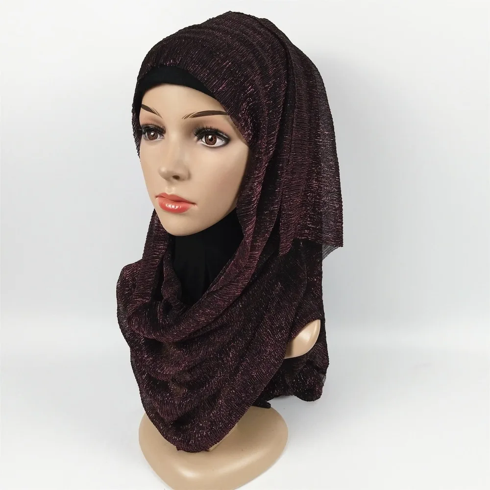 D1 glitter scarves plain shimmer elastic long headband fashion scarf hijab wraps muslim shawls