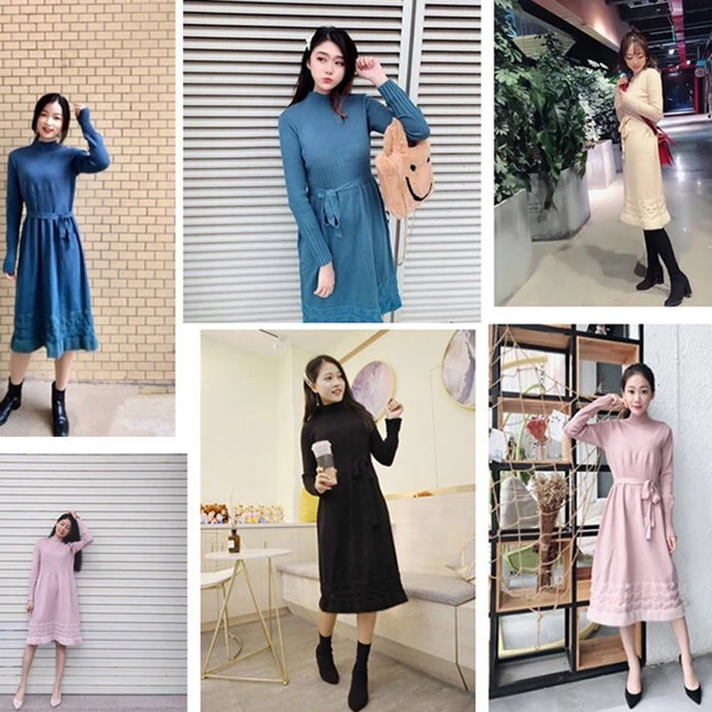 Осенне-зимнее женское платье-свитер высокого качества с длинным рукавом