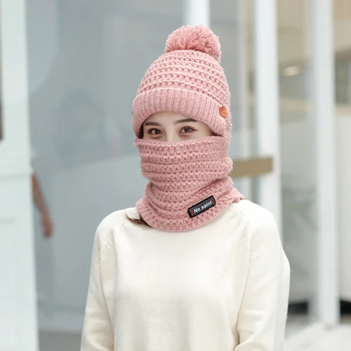 Pink Зимние шапки, женская вязаная шапка, теплая меховая шапка с помпоном, Skullies Beanies для женщин, высокое качество, шапки маски для девушек - Цвет: Pink