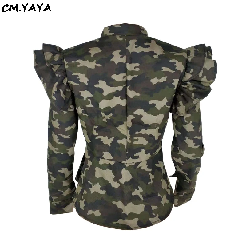 Новые женские камуфляжные куртки с оборками на плечах и длинным рукавом, на молнии, с открытой стойкой, с расклешенным подолом, модные пальто weinter, топ Q5071