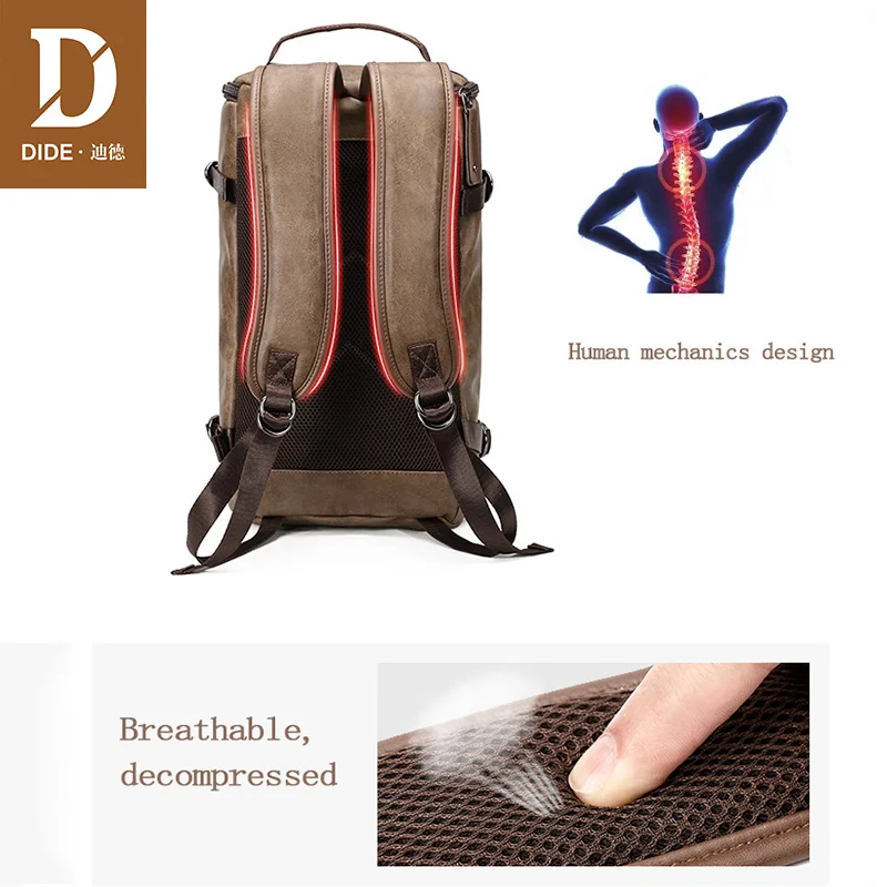 DIDE, новинка, кожаный мужской рюкзак для ноутбука, Mochila, винтажный, Повседневный, для путешествий, рюкзак, сумка, опрятный, школьный, цилиндрический дизайн