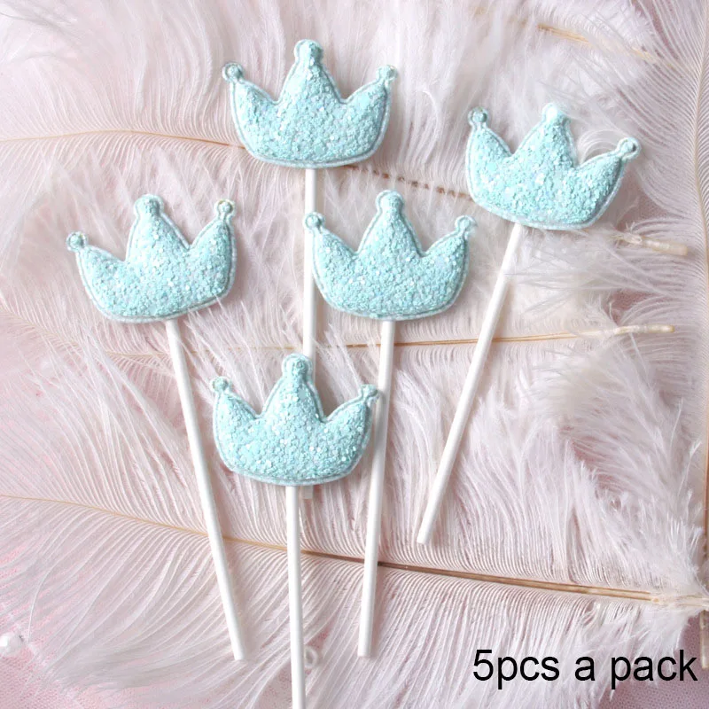 blue crown 5 шт./компл. девушка Боби с днем рождения флажки для торта Звезда сердце корона для детский душ вечерние декор для выпечки торта поставки синий розовый - Цвет: blue crown