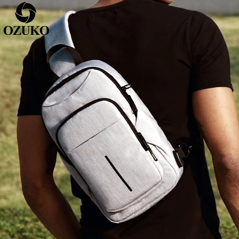 

OZUKO Fashion Mens Messenger Bags Chest Pack Fit 9.7 iPad USB Charging Shoulder Bag Male Water Repellent Crossbody Bag for Men