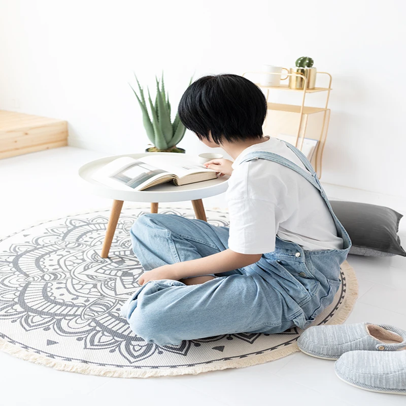 Cotton Hand Woven Mandara Printed Tassels Design Round Rugs Machine Washable Carpets for Living Room Bedroom Black Beige | Дом и сад