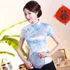 Женская винтажная блузка в китайском стиле, с воротником мандарина, новинка, сценическая одежда для выступлений с синими цветами, танга, топ размера плюс 3XL 4XL