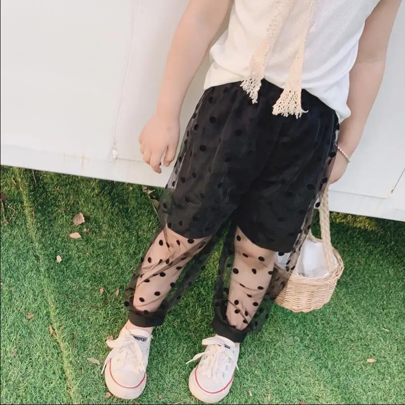 Новинка лета 2019 тонкие сетчатые штаны в горошек до щиколотки для маленьких