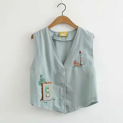 Light blue Весенне-Летняя короткая Хлопковая женская майка Повседневная тонкая однобортная Женская куртка без рукавов с вышивкой из мультфильмов - Цвет: Light blue