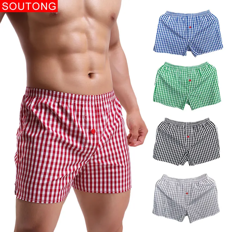 

Soutong Men Boxers Cotton Sleep Underpants Men Boxer Shorts Underwear Trunks Plaid Loose Comfortable Homewear Arrow Panties
