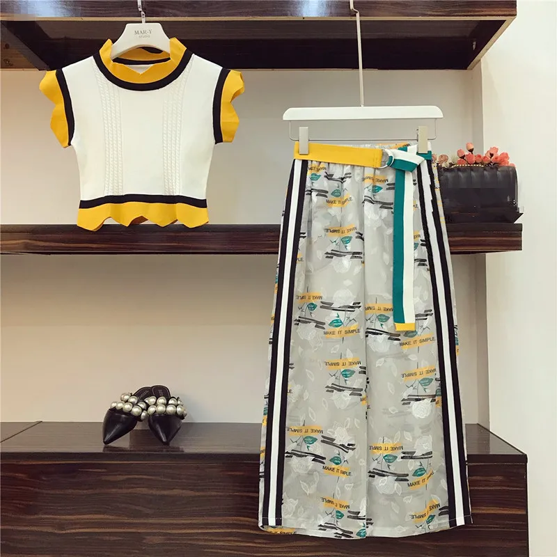 2019 летний ТРИКОТАЖНЫЙ КОРОТКИЙ пуловер без рукавов Топ + широкие штаны с принтом