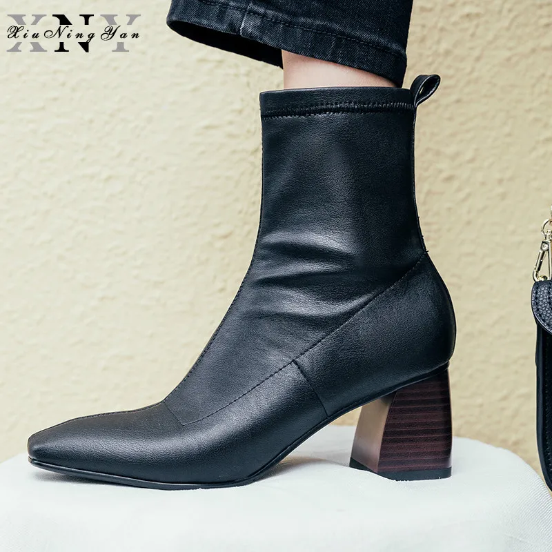 

Xiuningyan 2019 Fashion Brand Women Ankle Boots High Heels Ladies Shoes Woman Party Dancing Basic Genuine Leather Women's Boots