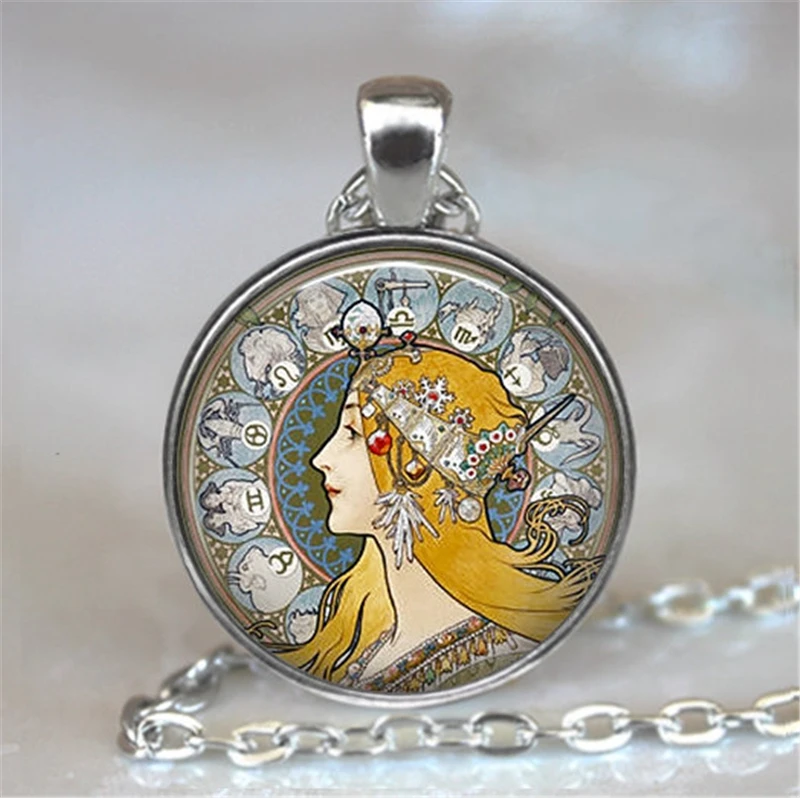 Женский винтажный кулон Alphonse Mucha стеклянный кабошон ручной работы массивное